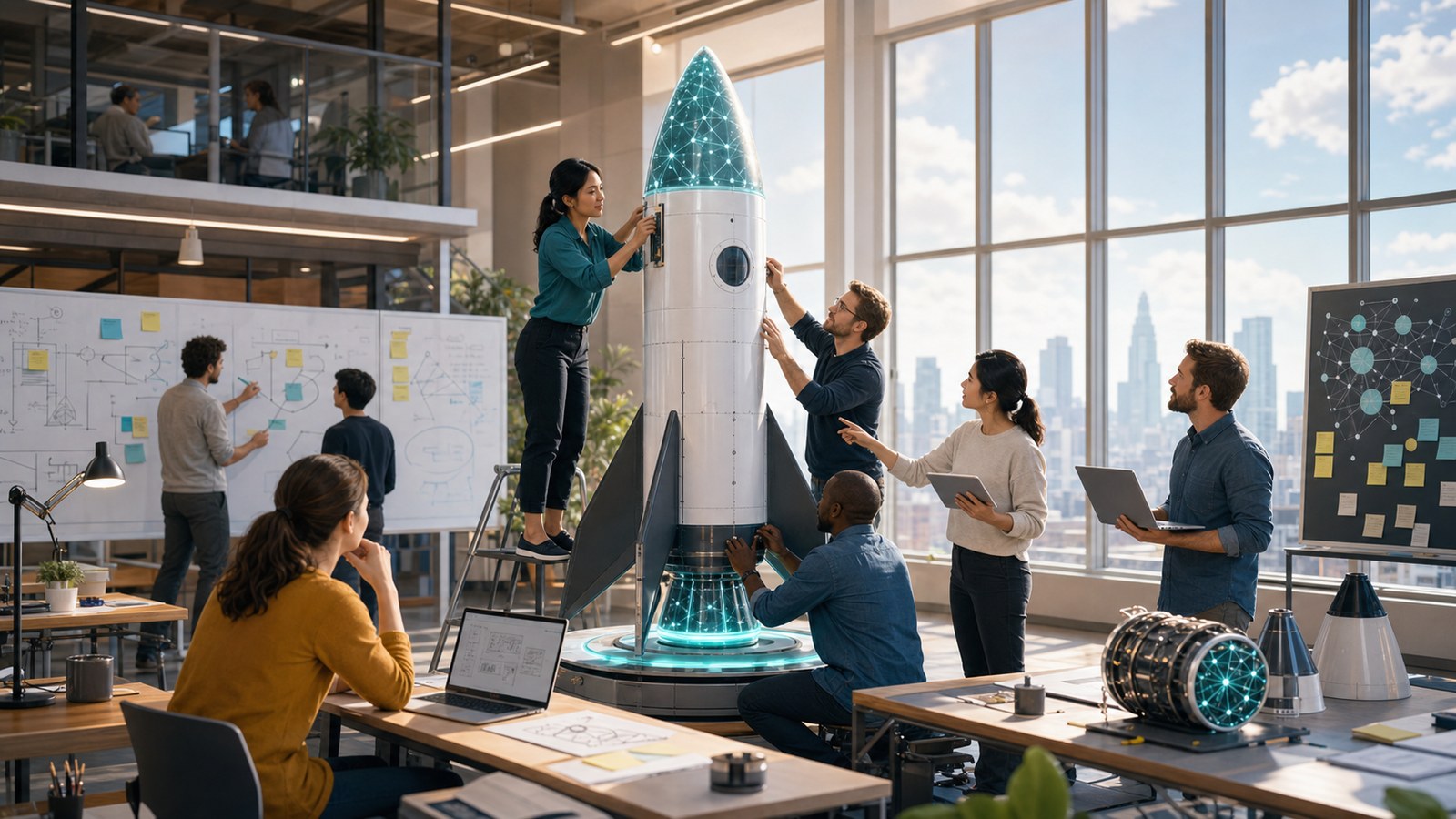 Team building a rocket-shaped AI system in a bright workshop